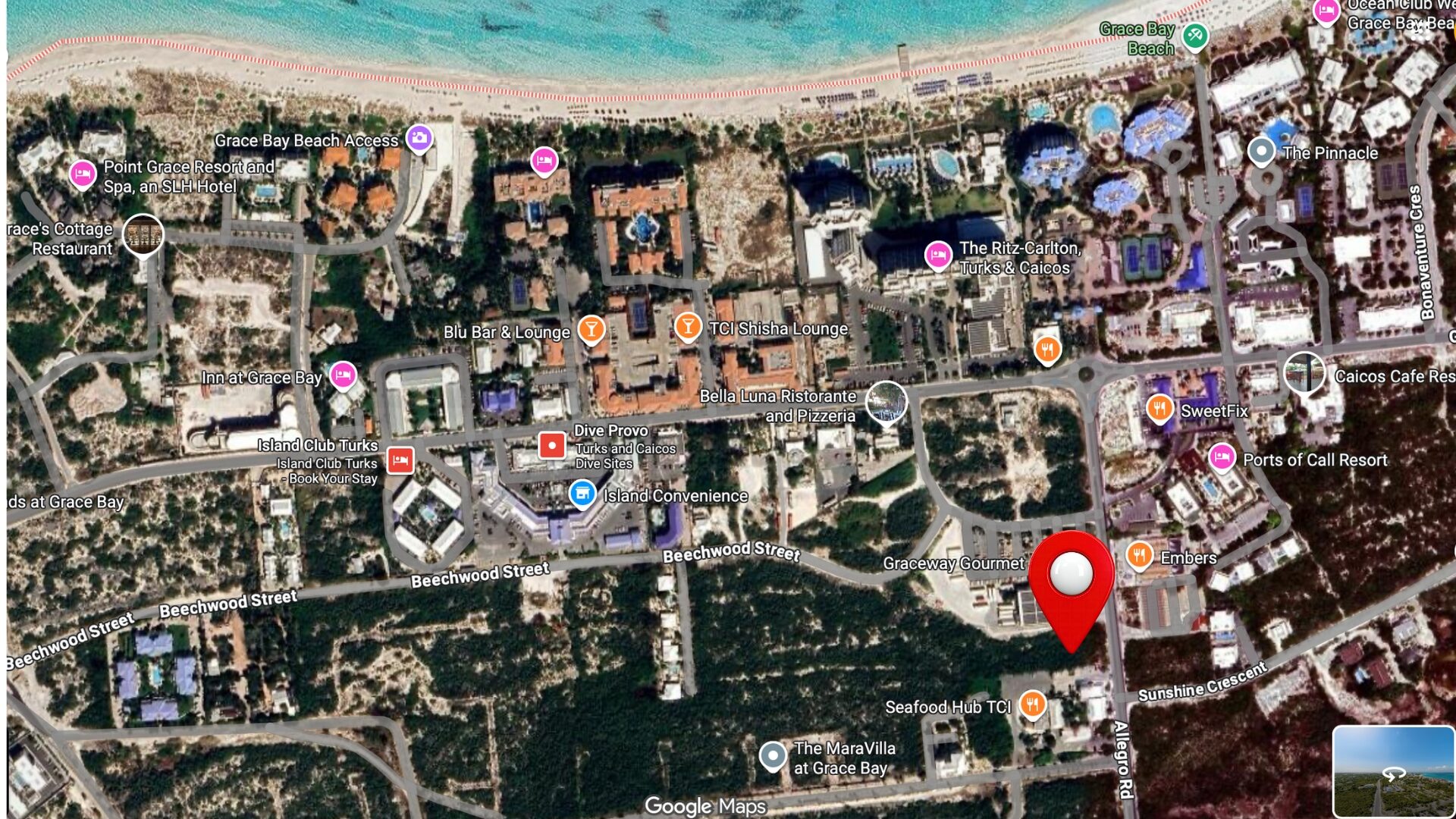 Labelled aerial of the Grace Bay core with the parcel pinned beside Graceway Gourmet on Allegro Road