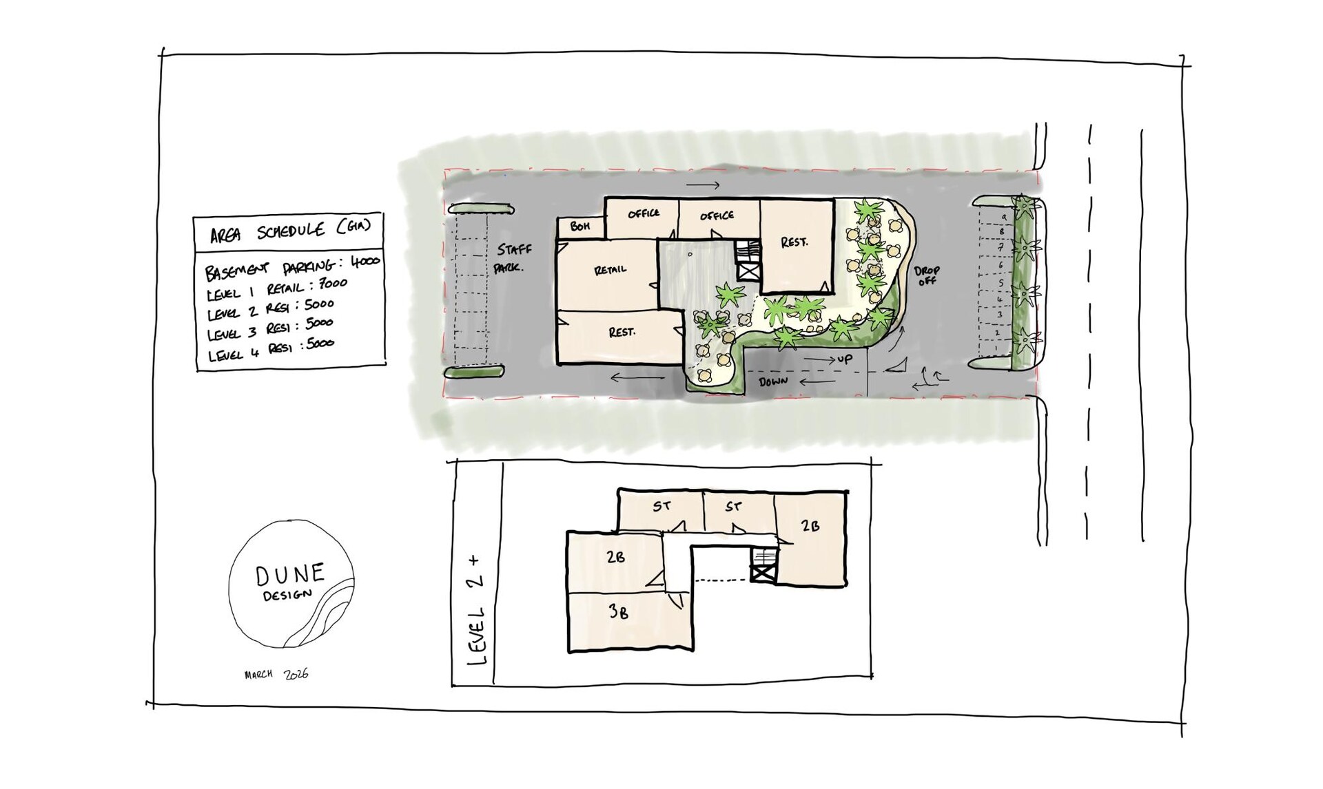 Hand drawn concept sketch by Dune Design showing retail, restaurants and offices at ground level with residences above