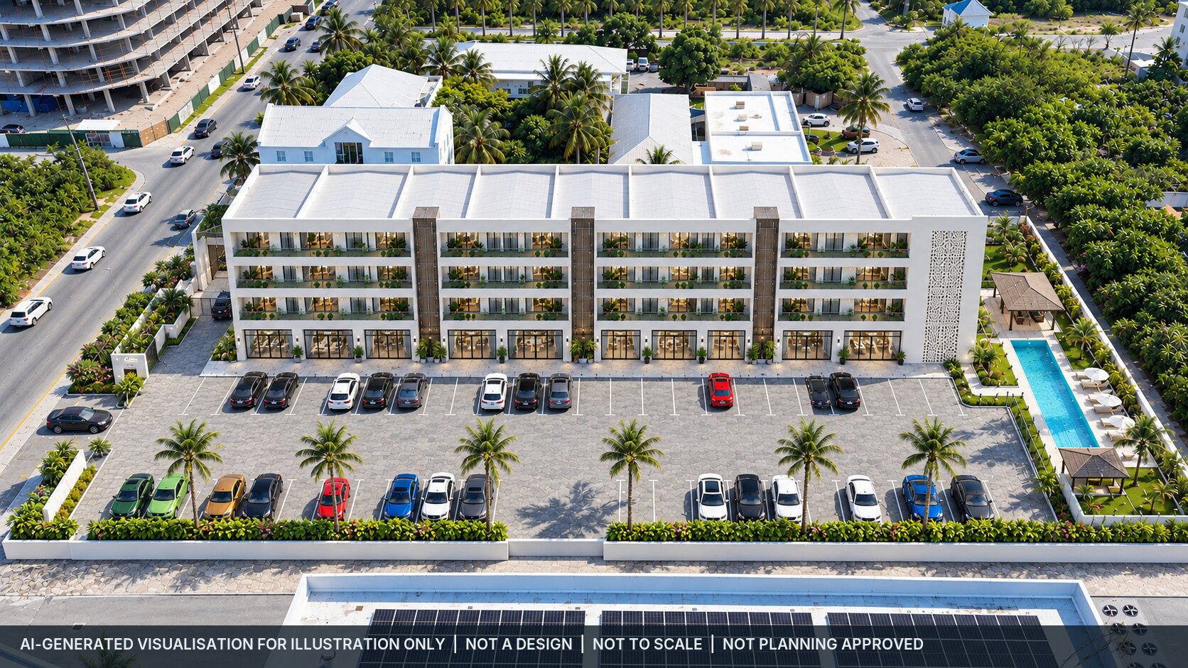 AI-generated visualisation of a four storey mixed use block on the parcel in daylight, ground floor shopfronts facing a landscaped parking court