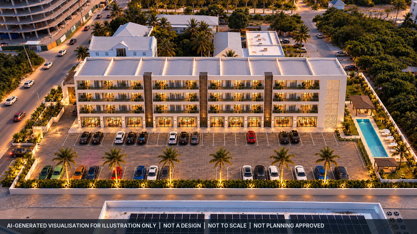 The same AI-generated visualisation at dusk, with the shopfronts and condos lit